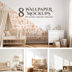 May include: A digital product display featuring 8 wallpaper mockups with a floral pattern in shades of terracotta and beige. The image includes text reading 8 WALLPAPER MOCKUPS, PSD - Smart Object | High-Res JPG | Editable Shadow, and nursery scenes.