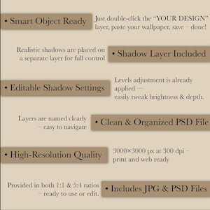 May include: A beige graphic with text describing features of a digital design file. Text includes "Smart Object Ready", "Shadow Layer Included", "Editable Shadow Settings", "Clean & Organized PSD File", "High-Resolution Quality", and "Includes JPG & PSD Files".