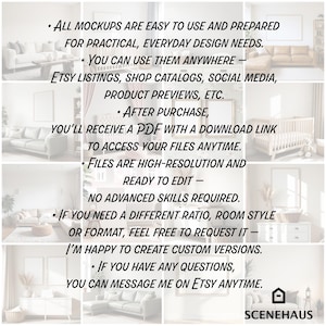 May include: A collage of interior design mockups with text. The text states that the mockups are easy to use for Etsy listings, shop catalogs, and social media. The mockups are high-resolution and ready to edit. The seller is happy to create custom versions.
