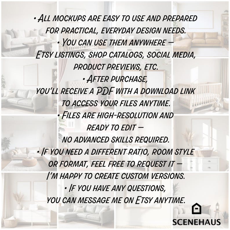 May include: A collage of interior design mockups with text. The text states that the mockups are easy to use for Etsy listings, shop catalogs, and social media. The mockups are high-resolution and ready to edit. The seller is happy to create custom versions.