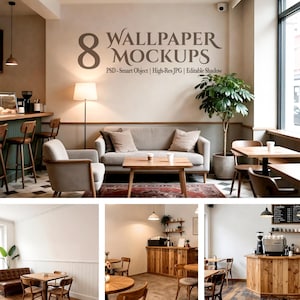 May include: A digital display featuring 8 WALLPAPER MOCKUPS with text reading PSD - Smart Object | High-Res JPG | Editable Shadow. The image shows a cafe interior with a sofa, chairs, tables, a floor lamp, and a potted plant in the main view.