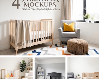 May include: A nursery mockup featuring four different crib designs. The main image shows a light wood crib with a beige blanket, a gray armchair with a yellow pillow, and a fringed ottoman. The text "4 WALLPAPER MOCKUPS" is visible.