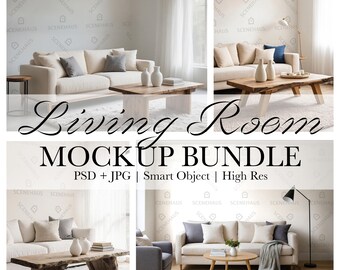 Neutral Living Room Mockup Bundle: PSD & JPG (Smart Object)