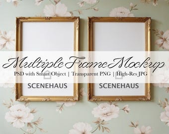 May include: Two gold ornate picture frames with white interiors are displayed against a floral wallpaper background. The frames are rectangular with decorative edges. Text on the image reads "Multiple Frame Mockup" and "SCENEHAUS".