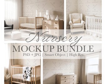 May include: A nursery mockup bundle featuring various baby room furniture arrangements. The image includes cribs, dressers, a rocking chair, and decorative elements. Text overlay reads "Nursery Mockup Bundle PSD + JPG Smart Object High Res."