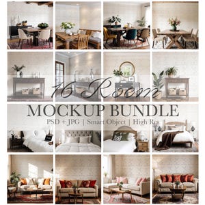 May include: A collection of 16 room mockups showcasing various interior design settings. The image includes dining rooms, bedrooms, and living rooms, with furniture and decor. Text on the image reads "MOCKUP BUNDLE" and "PSD + JPG | Smart Object | High Res".