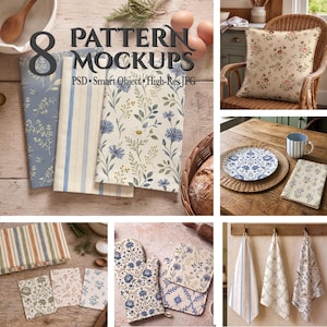 May include: A collection of 8 pattern mockups featuring floral and striped designs on textiles, including kitchen towels, oven mitts, and a throw pillow. The image displays various fabric swatches, a plate, a mug, and a basket on wooden surfaces.