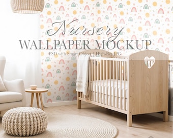 Nursery Wallpaper Mockup — Scandi-Boho Baby Room Scene in Neutral Tones (PSD & JPG)