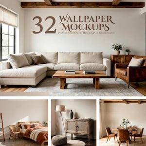 Pode incluir: Uma coleção digital de 32 mockups de papel de parede apresentando vários interiores, incluindo uma sala de estar com sofá bege, um quarto com cama de madeira, um armário com luminária de chão e uma sala de jantar com mesa redonda e cadeiras.