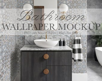 May include: Bathroom wallpaper mockup featuring a modern bathroom vanity with a marble countertop, a white vessel sink, and a large mirror. The walls are adorned with patterned wallpaper. The text "Bathroom WALLPAPER MOCKUP" is visible.
