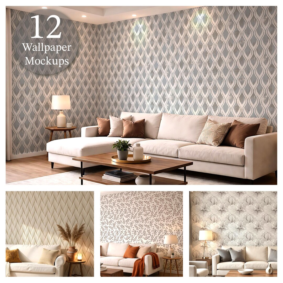 Modern Living Room Wallpaper Mockup Bundle — 12 Neutral Classic ...