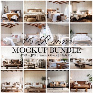 May include: A collage of 16 room mockups, showcasing various bedroom and living room designs. The images feature beds with different bedding styles, sofas, and decorative elements. Text on the image reads "16 Room Mockup Bundle".