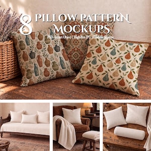 Könnte beinhalten: Eine Sammlung von 8 Kissenmuster-Mockups mit verschiedenen Designs, darunter Terrakotta-Vasen und Birnen auf quadratischen Kissen. Das Bild enthält den Text 8 PILLOW PATTERN MOCKUPS, PSD - Smart Object, High-Res JPG und Editable Shadow.