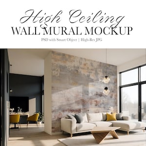 May include: A modern living room with a large abstract wall mural. The room features a white sectional sofa with gray and yellow accent pillows, a wooden coffee table, and large windows. The text "High Ceiling WALL MURAL MOCKUP" is at the top.