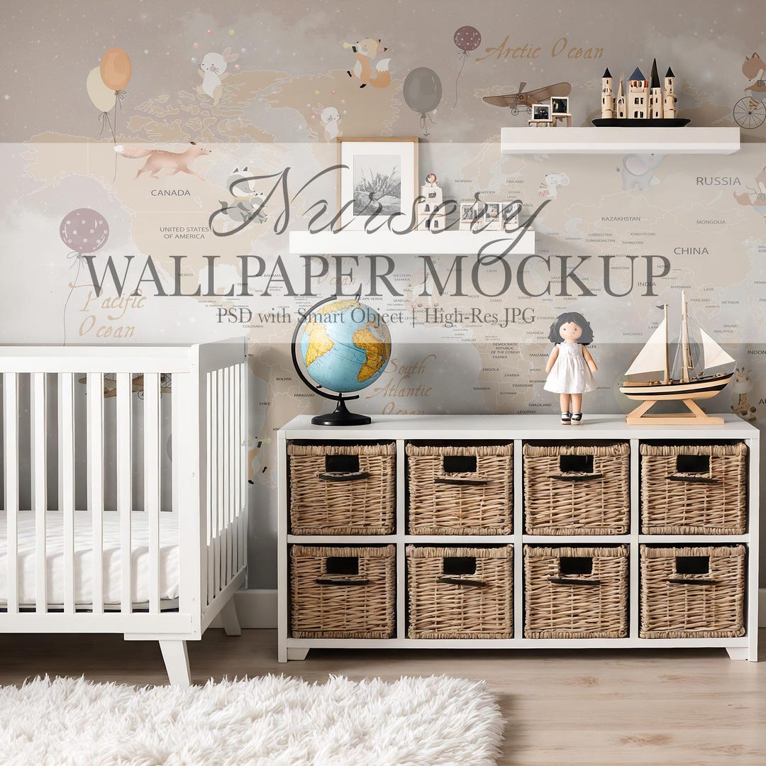 Nursery Wallpaper Mockup — Modern Scandinavian Nursery Wall in Neutral ...
