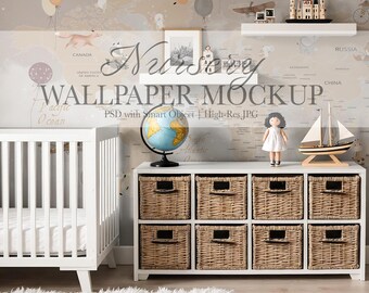 Nursery Wallpaper Mockup — Modern Scandinavian Nursery Wall in Neutral Colors (PSD & JPG)