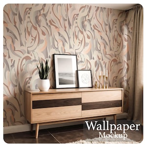 May include: A light wood-tone cabinet with two doors and dark wood accents. The cabinet is topped with framed art, a potted plant, and gold candle holders. The background features patterned wallpaper with a vertical stripe design and the text "Wallpaper Mockup".