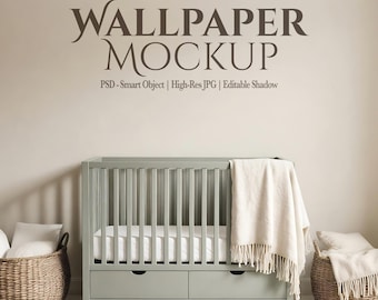 Boho Neutral Nursery Wallpaper Mockup — Baby Room Interior (PSD & JPG)
