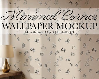 May include: A beige wallpaper mockup with a repeating pattern of small, dark gray leaves. The text "Minimal Corner WALLPAPER MOCKUP" is displayed across the top. A gold lamp sits on a wooden shelf.