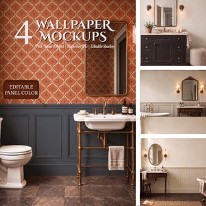 Può includere: Un grafico digitale che mostra 4 mockup di carta da parati per interni bagno. L'immagine principale presenta un lavabo bianco con tubature in ottone, una parete con pannelli grigio scuro e carta da parati arancione con specchio.