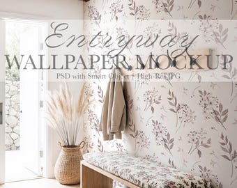 May include: An entryway scene featuring floral wallpaper, a wooden bench with a patterned cushion, and a woven basket with tall, dried grasses. The text "Entryway Wallpaper Mockup" is displayed.
