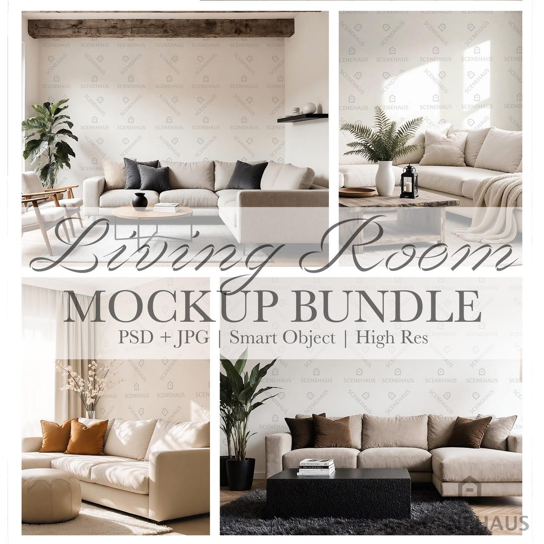 Neutral Living Room Wallpaper Mockup Bundle — 4 Cozy Interior Scenes ...