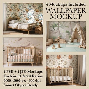 May include: A composite image showcasing four wallpaper mockups. The image includes a bed, a crib, and a play tent, each with different wallpaper designs. Text on the image reads "4 Mockups Included WALLPAPER MOCKUP" and "4 PSD + 4 JPG Mockups".