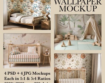 May include: A composite image showcasing four wallpaper mockups. The image includes a bed, a crib, and a play tent, each with different wallpaper designs. Text on the image reads "4 Mockups Included WALLPAPER MOCKUP" and "4 PSD + 4 JPG Mockups".