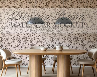 May include: A dining room mockup featuring a light wood oval table with a ribbed base, surrounded by four chairs with curved backs. The background is a wallpaper with a leaf pattern. Two pendant lights hang above the table.