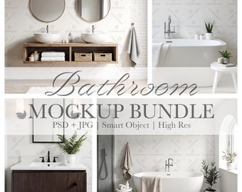 May include: A mockup bundle featuring bathroom scenes. The image includes various bathroom setups with sinks, bathtubs, and decorative elements. Text on the image reads "Bathroom MOCKUP BUNDLE PSD + JPG Smart Object | High Res".