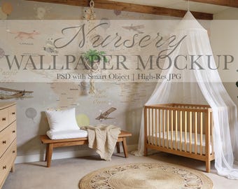 Boho Nursery Wallpaper Mockup — Neutral Baby Room Interior (PSD & JPG)