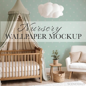 May include: A nursery mockup scene featuring a wooden crib with a canopy, a white armchair, and a small side table. The walls are a light teal color with white star patterns. The text "Nursery Wallpaper Mockup" is displayed.