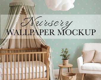 Puede incluir: Una maqueta de escena de guardería con una cuna de madera con dosel, un sillón blanco y una pequeña mesa auxiliar. Las paredes son de color verde azulado claro con patrones de estrellas blancas. Se muestra el texto "Nursery Wallpaper Mockup".