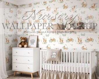 Nursery Wallpaper Mockup – Neutral Scandinavian Baby Room Scene (PSD & JPG)