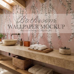 Puede incluir: Maqueta de papel pintado de baño con un diseño floral en un entorno de baño moderno. La imagen presenta una encimera de piedra con un lavabo, toallas y objetos decorativos. El texto "Bathroom Wallpaper Mockup" es visible.