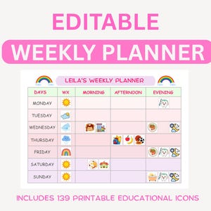 以下が含まれることがあります： 「EDITABLE WEEKLY PLANNER」の文字が入ったピンクと白のウィークリープランナー。プランナーには、曜日、天気アイコン、午前、午後、夜のアクティビティ用のスペースを含むグリッドが含まれています。 139個の印刷可能な教育用アイコンが含まれています。