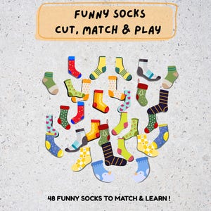 May include: An assortment of colorful socks with various patterns, including stripes, polka dots, and holiday-themed designs. The image includes text that reads "FUNNY SOCKS CUT, MATCH & PLAY" and "48 FUNNY SOCKS TO MATCH & LEARN!"