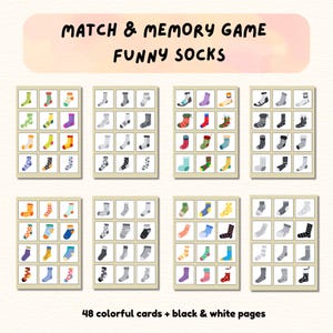 以下が含まれることがあります： カラフルな靴下のメモリーゲーム。さまざまな靴下のデザインが施された48枚のカードと、白黒のページが含まれています。「MATCH & MEMORY GAME FUNNY SOCKS」というテキストが上部に表示されています。