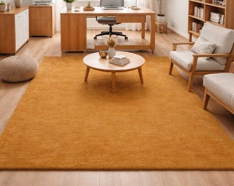 Solid Mustard Yellow Hand-Tufted Wool Rug - Modern Minimalist Living Room Carpet, Soft Textured Area Rug for Bedroom, Cozy Home Decor