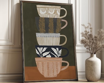 Stacked Tea Cups Wall Art Print - Modern Vintage Coffee Mugs Poster Kitchen Dining Decor
