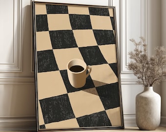 Checkerboard Coffee Cup Wall Art Print - Modern Minimal Cafe Drink Poster Retro Kitchen Decor