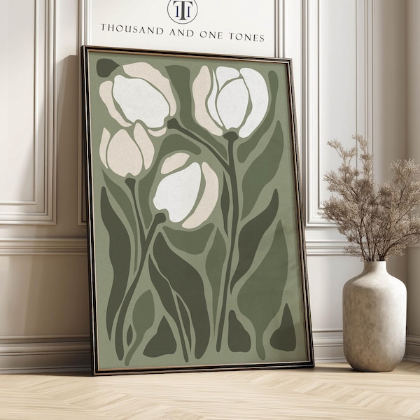 Modern Floral Wall Art Print Sage and White Tulip Poster Minimal Flower Decor Entryway