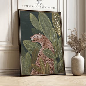 Modern Spotted Leopard in Jungle Wall Art Print, Botanical Animal Poster for Living Room