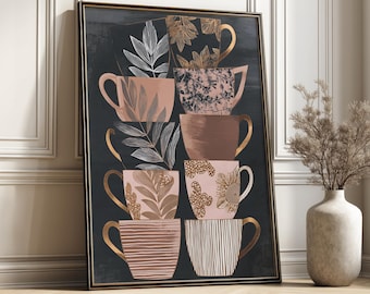 Modern Stacked Coffee Mugs Art Print Botanical Patterned Tea Cups Poster Contemporary Kitchen Decor
