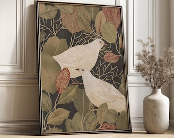 Modern Botanical Bird Poster Cream Birds In Foliage Art Print Bedroom Entryway Wall Art Decor