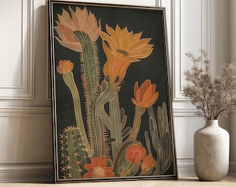 Impresión artística de pared con diseño de flores de cactus modernas, estilo bohemio mexicano, para decoración de sala de estar.