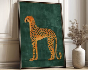 Cheetah Poster Modern Art Print Orange and Green Animal Wall Art Living Room Decor
