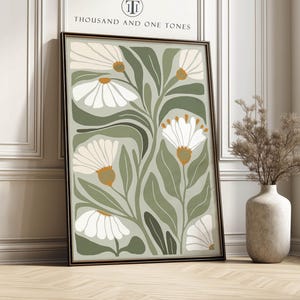 Impresión artística de pared con flores blancas y verdes retro, póster botánico abstracto, arte floral bohemio y moderno.