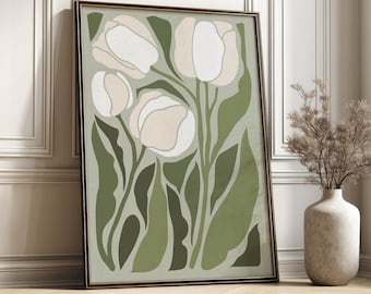 Impression d'art mural tulipe blanche minimaliste, affiche botanique bohème moderne pour chambre et salle à manger