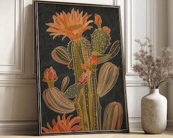 Póster de cactus en flor: impresión de arte floral occidental moderno, arte mural botánico del desierto del suroeste
